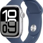 Apple Watch Series 10 [GPS + Cellular 42 mm] Smartwatch with Silver Aluminium Case with Denim Sport Band- S/M. Fitness Tracker, ECG App, Always-On...