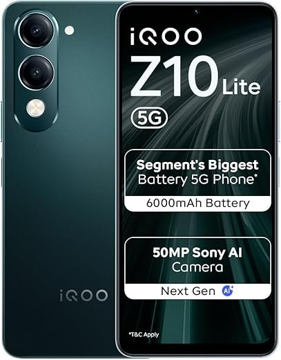 iQOO Z10 Lite 5G (Cyber Green, 4GB RAM, 128GB Storage) | 6000 mAh Battery | Dimensity 6300 5G Processor with 433K+* AnTuTu Score | IP64 Rated &...
