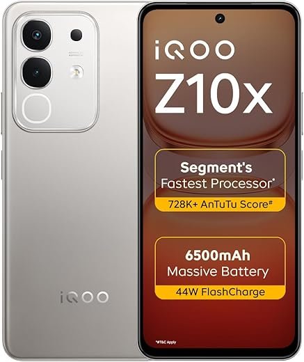 iQOO Z10x 5G (Titanium, 8GB RAM, 256GB Storage) | 6500 mAh Large Capacity Battery | Dimensity 7300 Processor | Military-Grade Durability