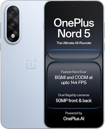 OnePlus Nord 5 | Snapdragon 8s Gen 3 | Stable 144FPS Gaming | Dual 50MP Flagship Camera | Powered by OnePlus AI | 8GB + 256GB | Dry Ice