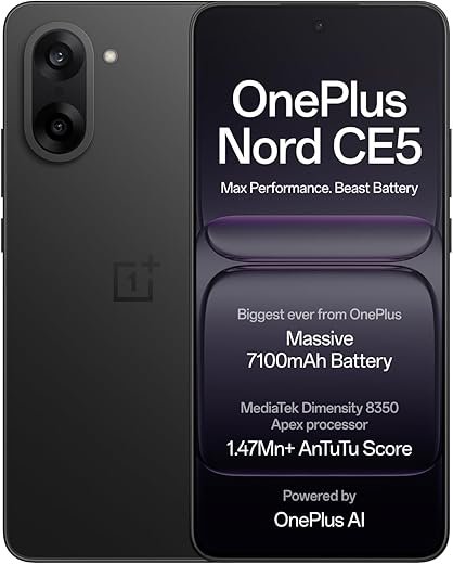 OnePlus Nord CE5 | Massive 7100mAh Battery | MediaTek Dimensity 8350 Apex | Powered by OnePlus AI | 8GB + 128GB | Black Infinity