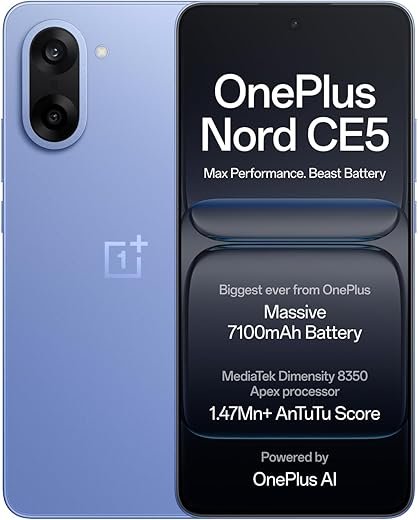OnePlus Nord CE5 | Massive 7100mAh Battery | MediaTek Dimensity 8350 Apex | Powered by OnePlus AI | 8GB + 256GB | Nexus Blue
