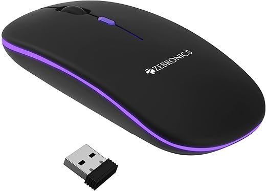ZEBRONICS Blanc Slim Wireless Mouse with Rechargeable Battery, BT + 2.4GHz, 4 Buttons, 800/1200/1600 DPI, Silent Operation, Multicolor LED Lights